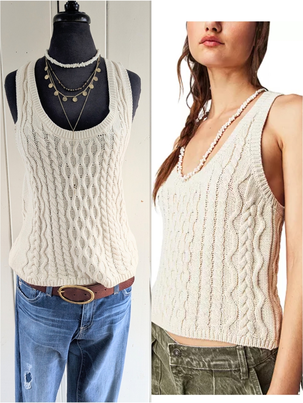 dylan Cream Cable-Knit Scoop Neck Tank Top/Vest NWOT sz M